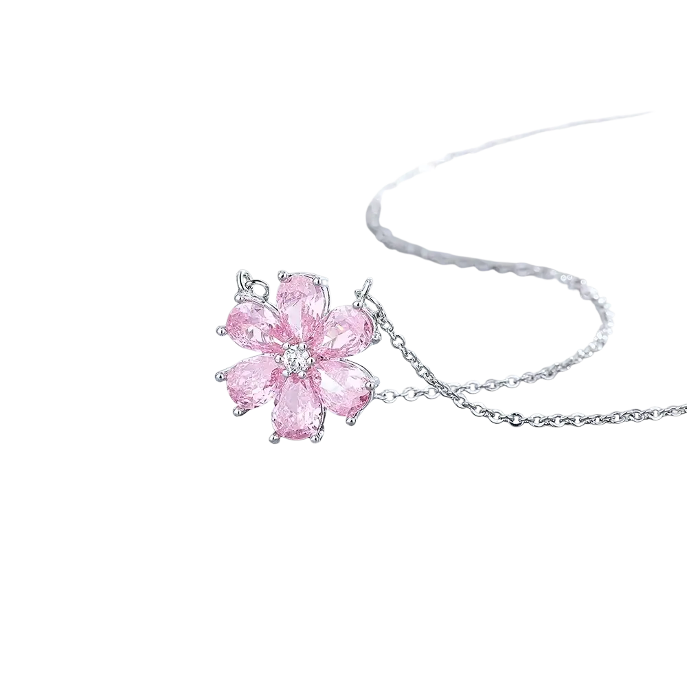 Silver pink cherry blossom jewelry set featuring a delicate pink cherry blossom pendant necklace with a silver chain