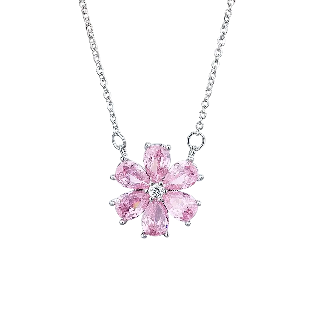 Silver pink cherry blossom jewelry set featuring a delicate silver chain necklace with a five-petal pendant and pink stones