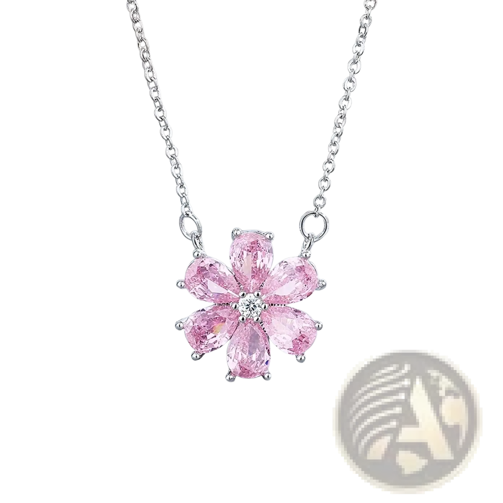 Silver pink cherry blossom jewelry set featuring a delicate silver chain necklace with a five-petal pendant and pink stones