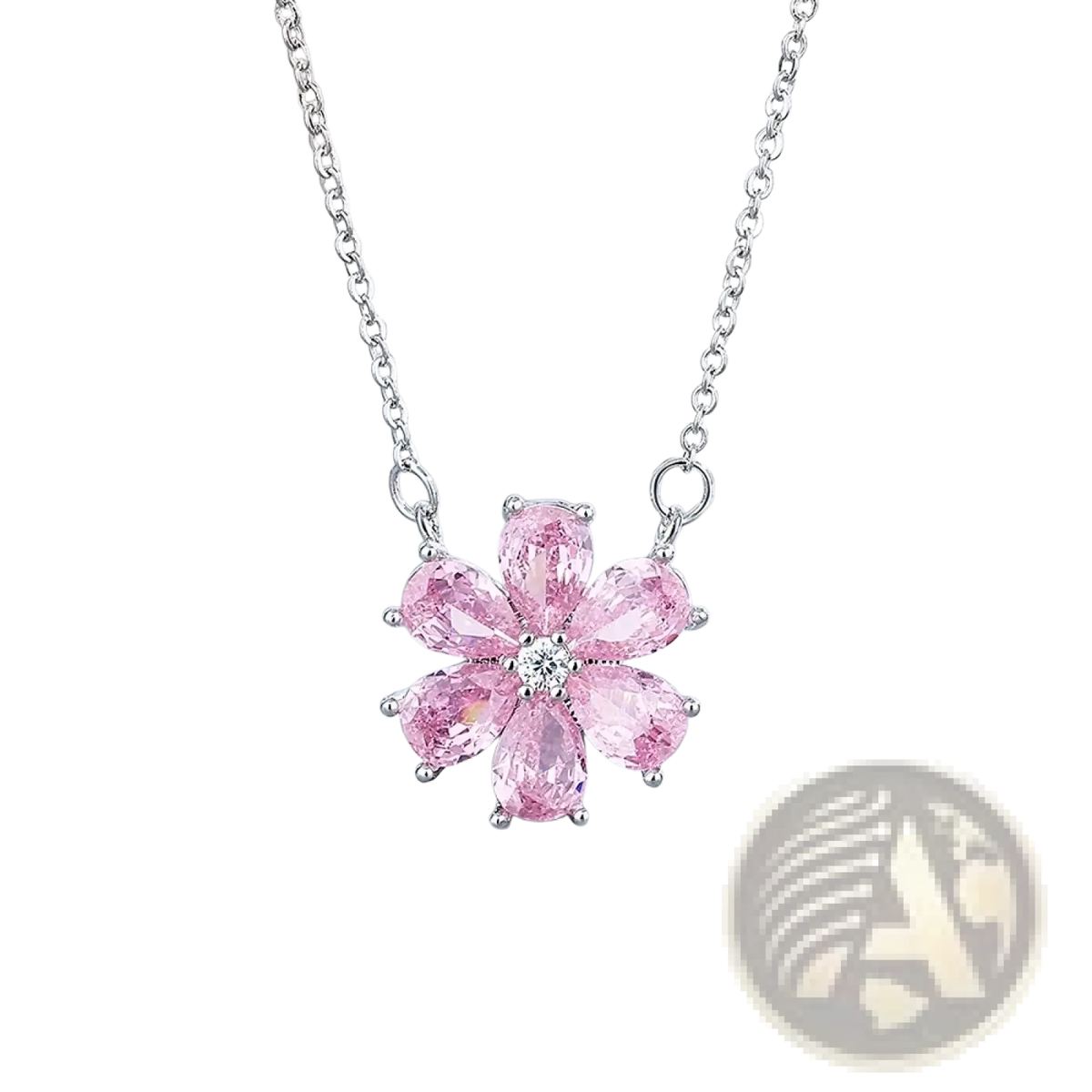 Silver pink cherry blossom jewelry set featuring a delicate silver chain necklace with a five-petal pendant and pink stones