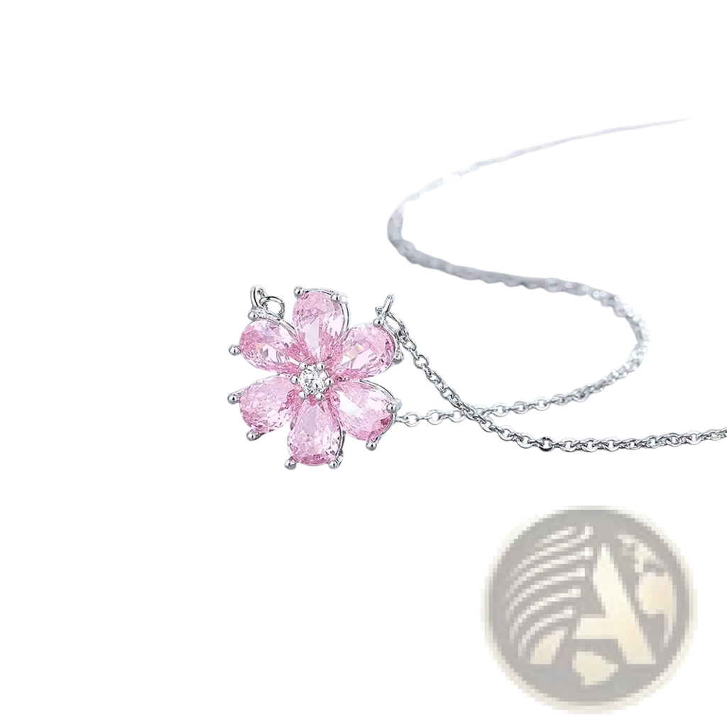 Silver pink cherry blossom jewelry set featuring a delicate pink cherry blossom pendant necklace with a silver chain