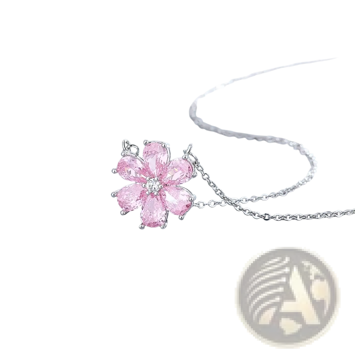 Silver pink cherry blossom jewelry set featuring a delicate pink cherry blossom pendant necklace with a silver chain