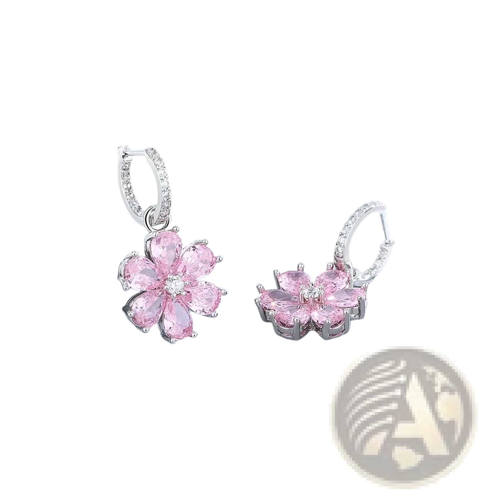 Silver pink cherry blossom earrings featuring silver-toned metal and sparkling clear stones in a jewelry set