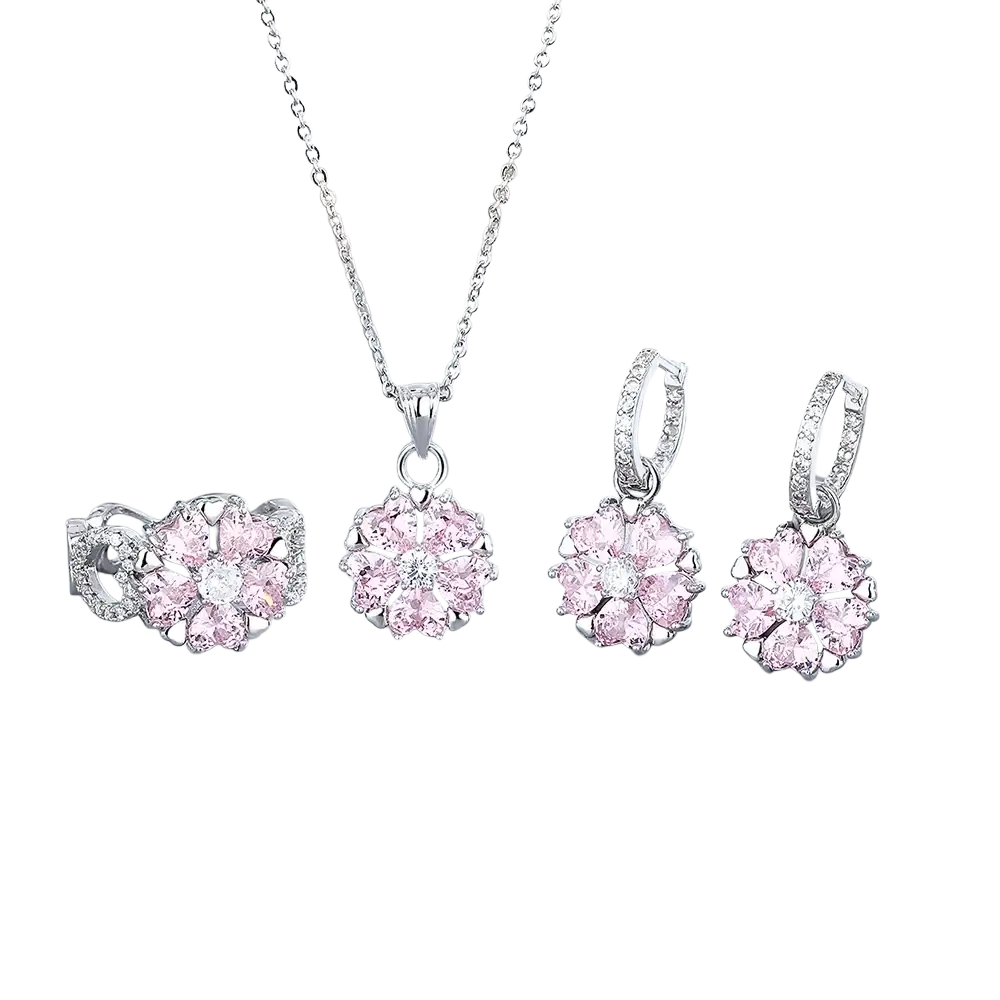 Elegant silver pink cherry blossom jewelry set featuring floral design with clear and pink gemstones in a delicate style