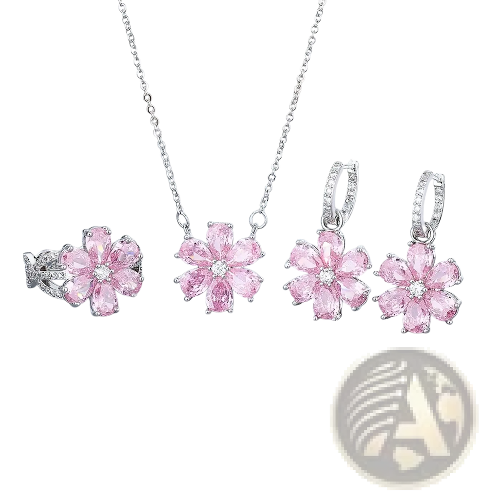 Silver pink cherry blossom jewelry set with sterling silver chains earrings and ring featuring pink faceted gemstones