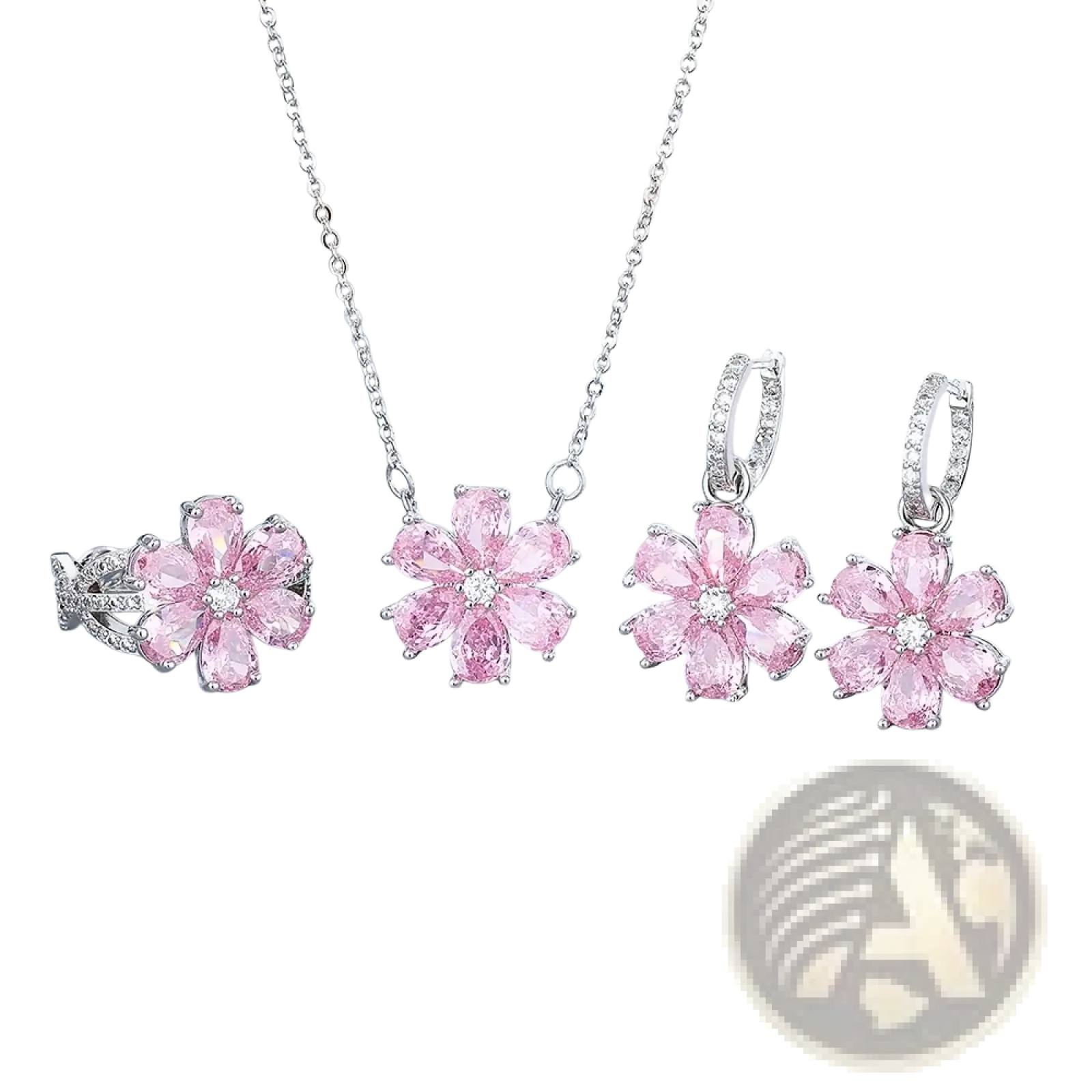 Silver pink cherry blossom jewelry set with sterling silver chains earrings and ring featuring pink faceted gemstones