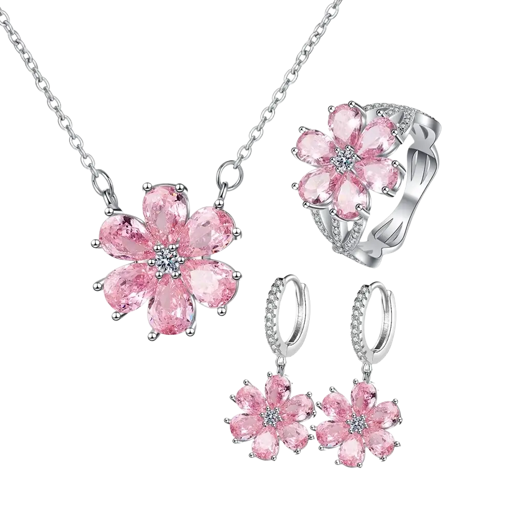 Silver pink cherry blossom jewelry set with necklace ring and earrings featuring pink blossoms and silver-toned metalwork