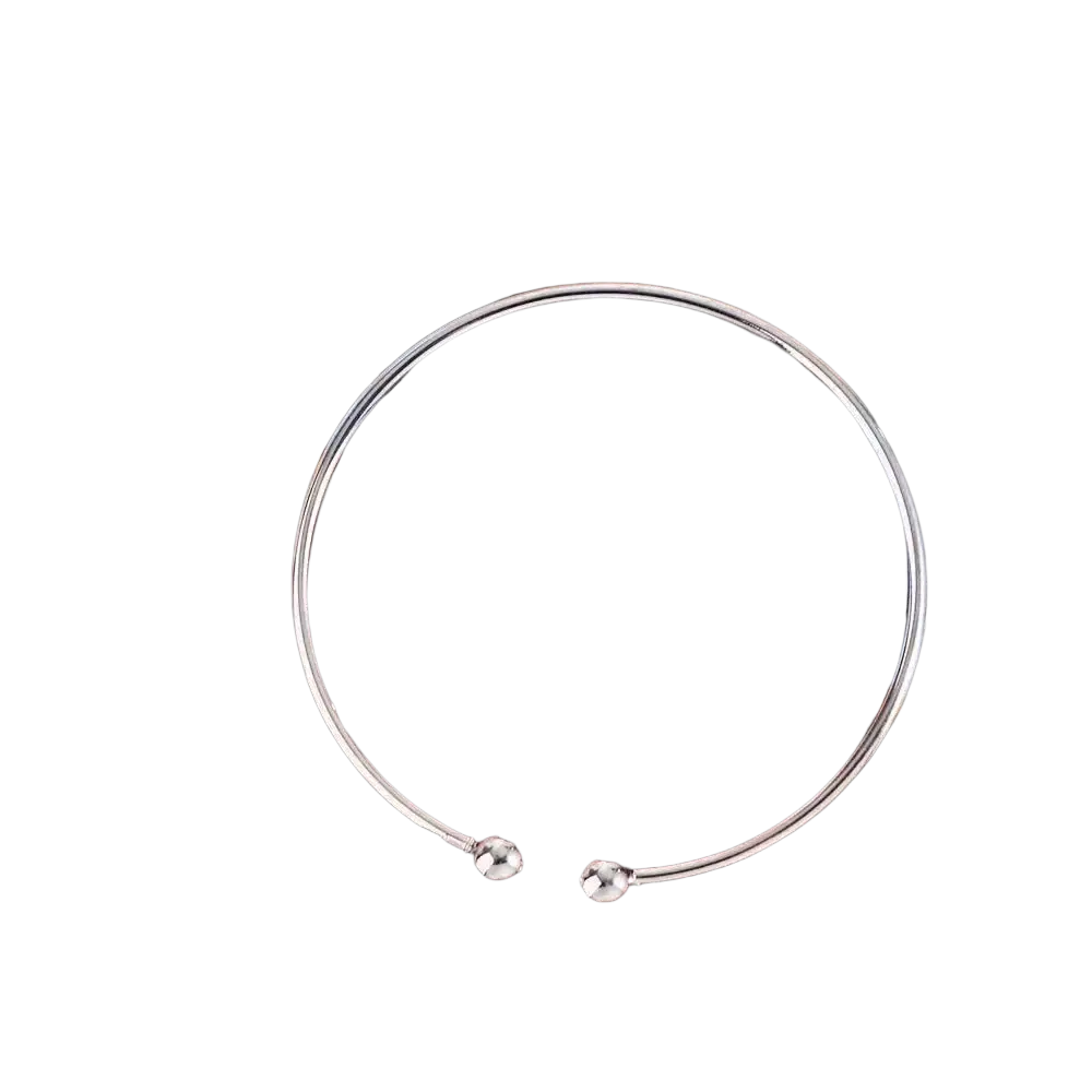 Silver plated adjustable open bangle bracelet with two small silver spherical beads at the ends
