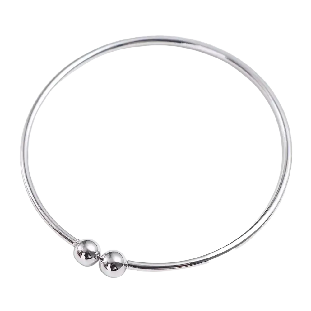 Silver plated adjustable open sphere bangle bracelet with two small polished silver spherical beads