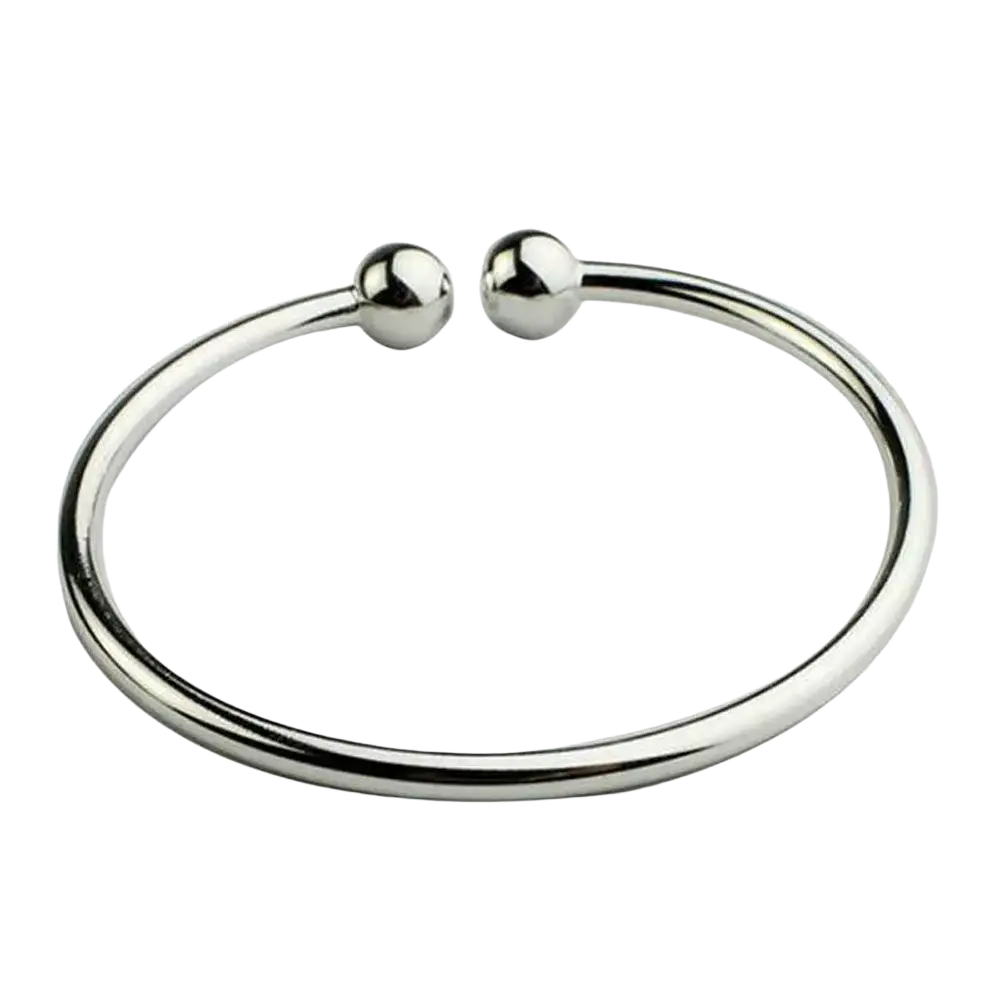 Silver plated adjustable open bangle bracelet with silver-toned polished spherical ends shown from the front