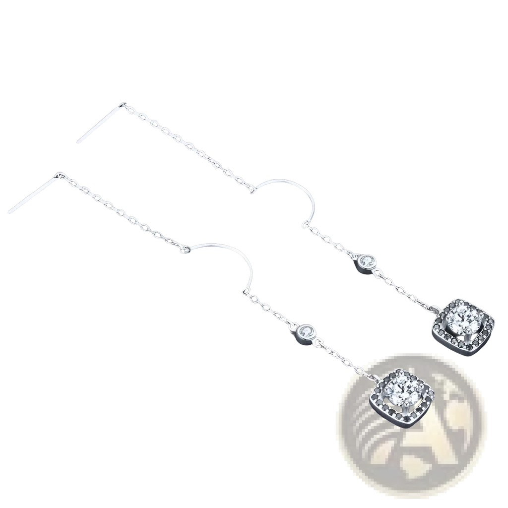 Silver plated zircon square drop earrings with black stones featuring delicate chain, curved hook, and crystal accents