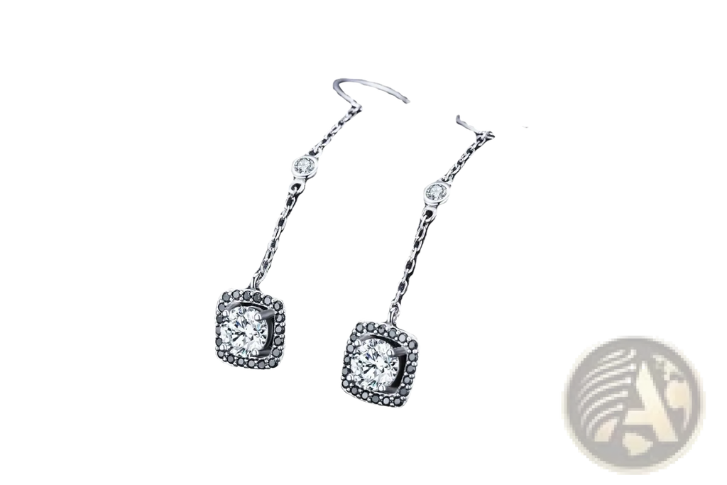 Silver plated zircon square drop earrings with a central round diamond surrounded by black stones in an ornate setting