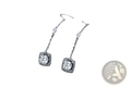 Silver plated zircon square drop earrings with a central round diamond surrounded by black stones in an ornate setting