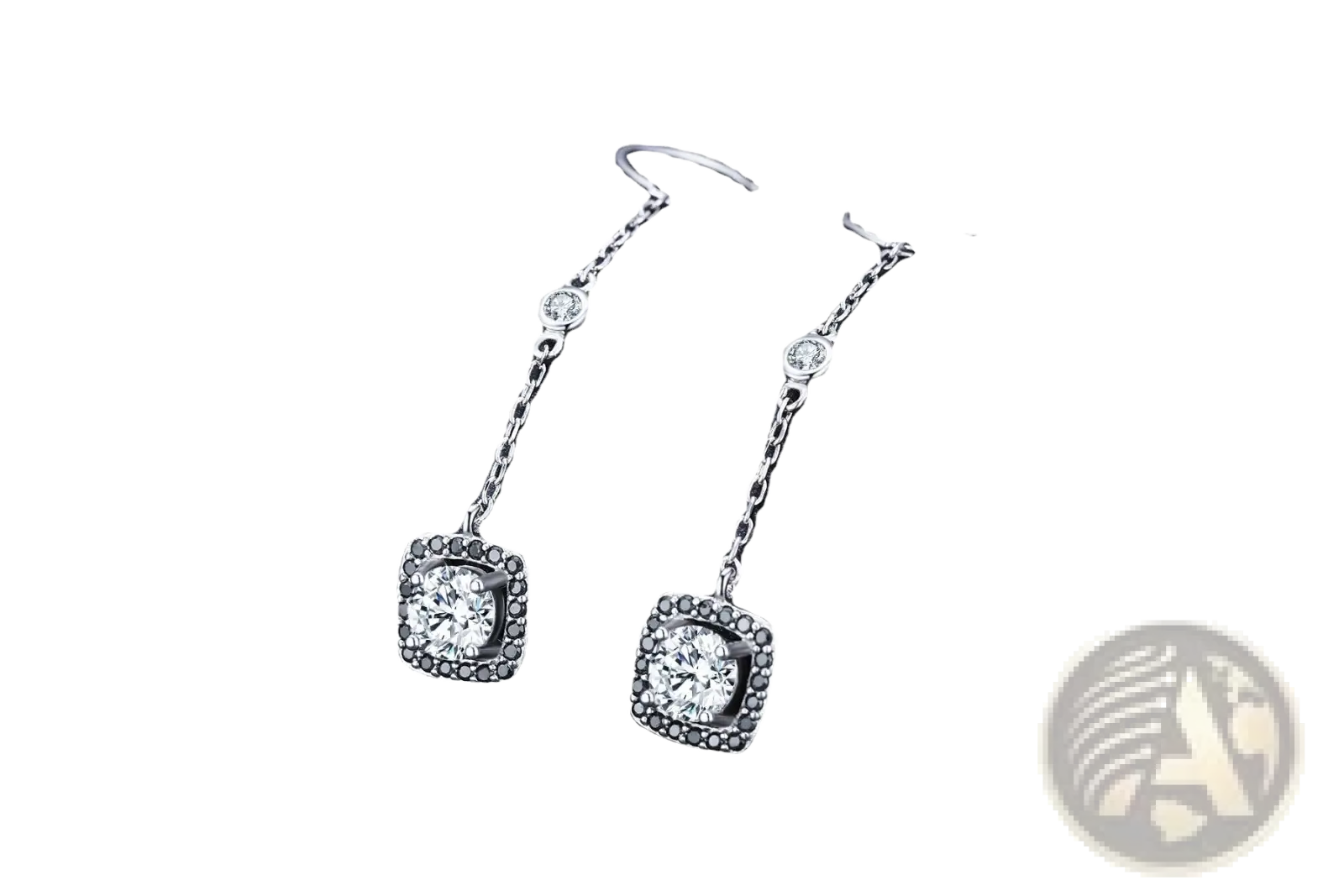 Silver plated zircon square drop earrings with a central round diamond surrounded by black stones in an ornate setting