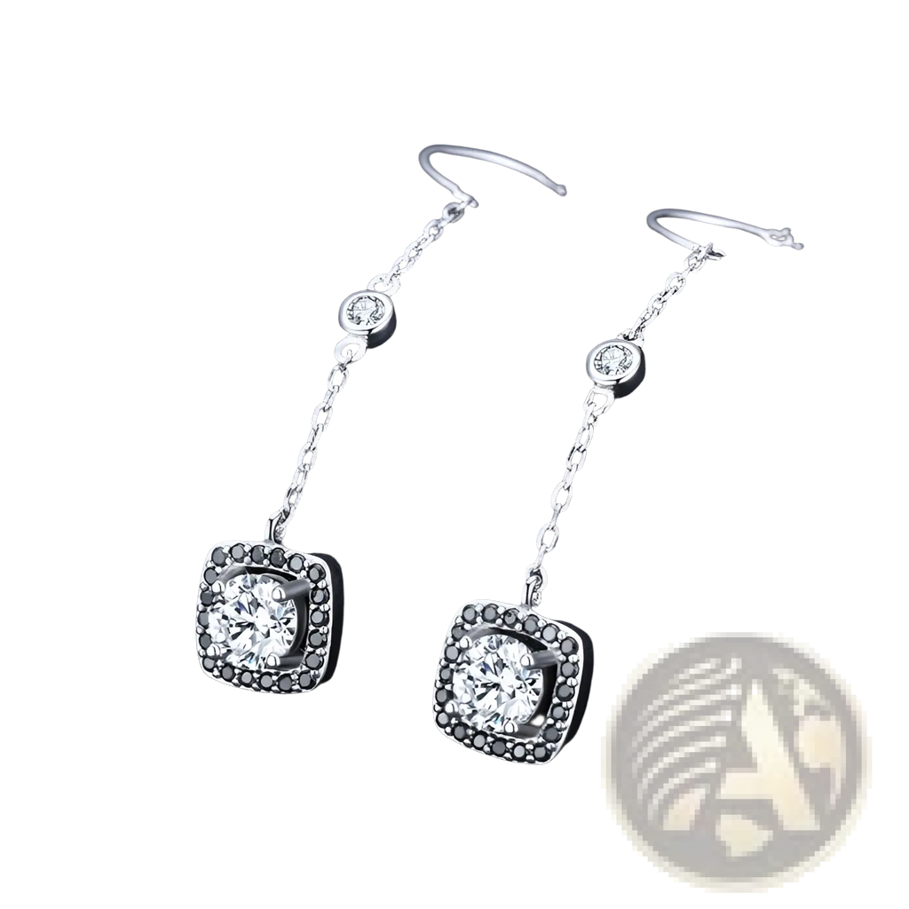 Silver plated zircon square drop earrings with central round diamond and black stones on delicate chain and hook