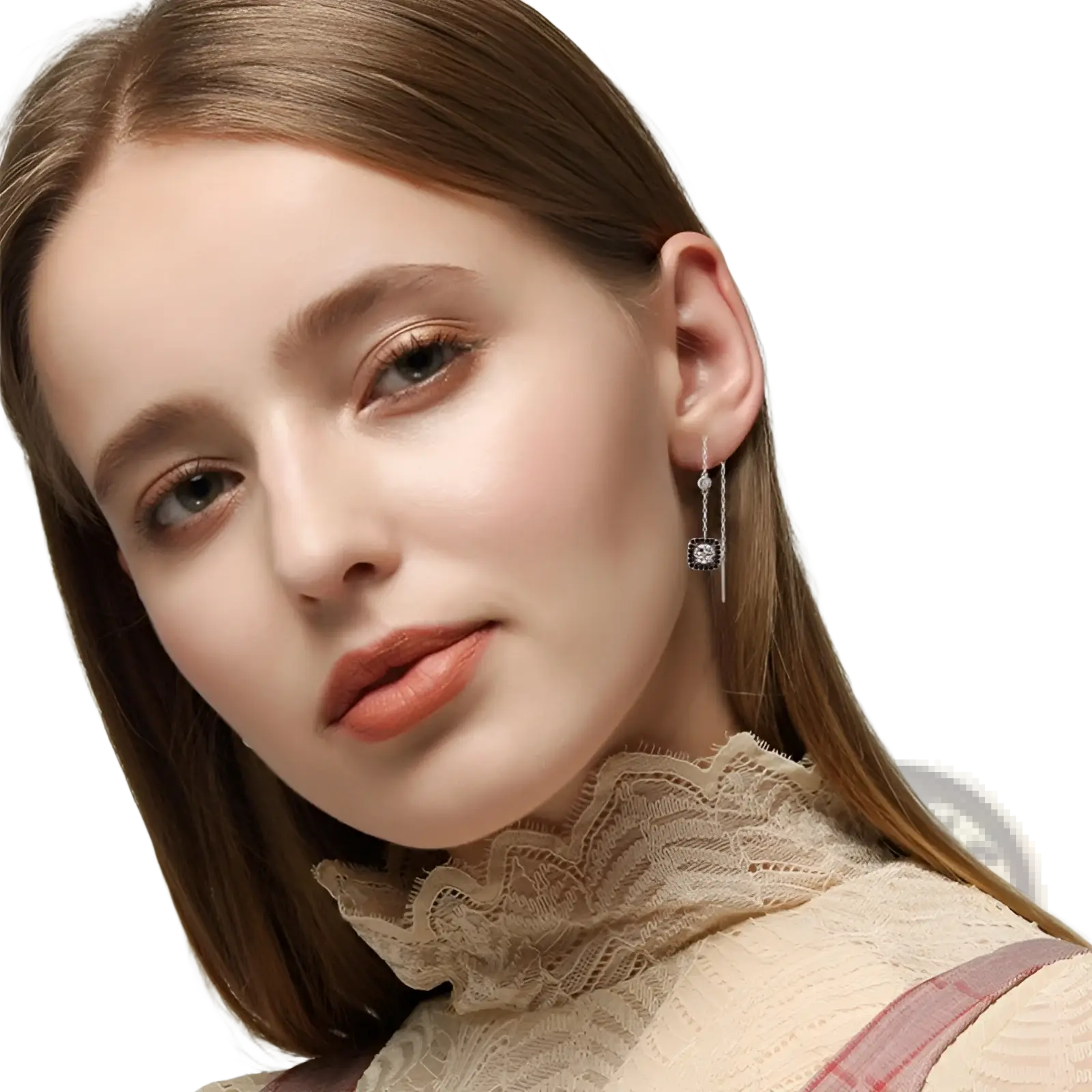 Silver plated zircon square drop earrings with black stones featuring a delicate chain and sparkling centerpiece