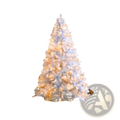 Silver pre-lit artificial Christmas tree with white frosted branches illuminated by warm LED lights
