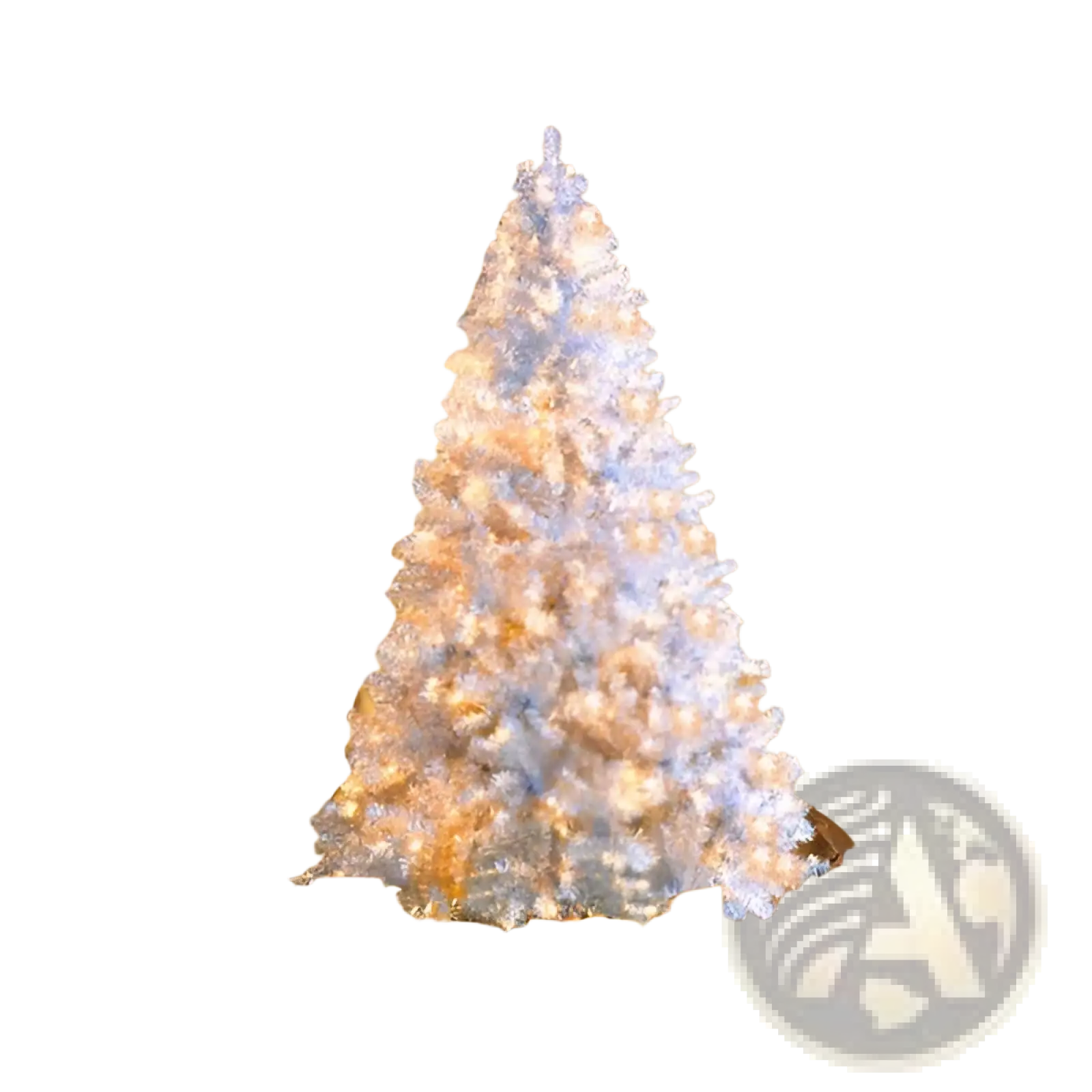Silver pre-lit artificial Christmas tree with white frosted branches illuminated by warm LED lights
