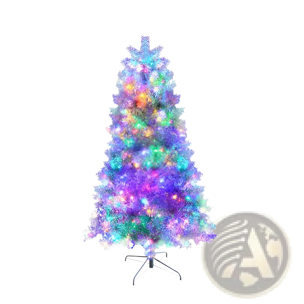Silver pre-lit artificial Christmas tree with vibrant purple and blue LED branches illuminated by twinkling lights