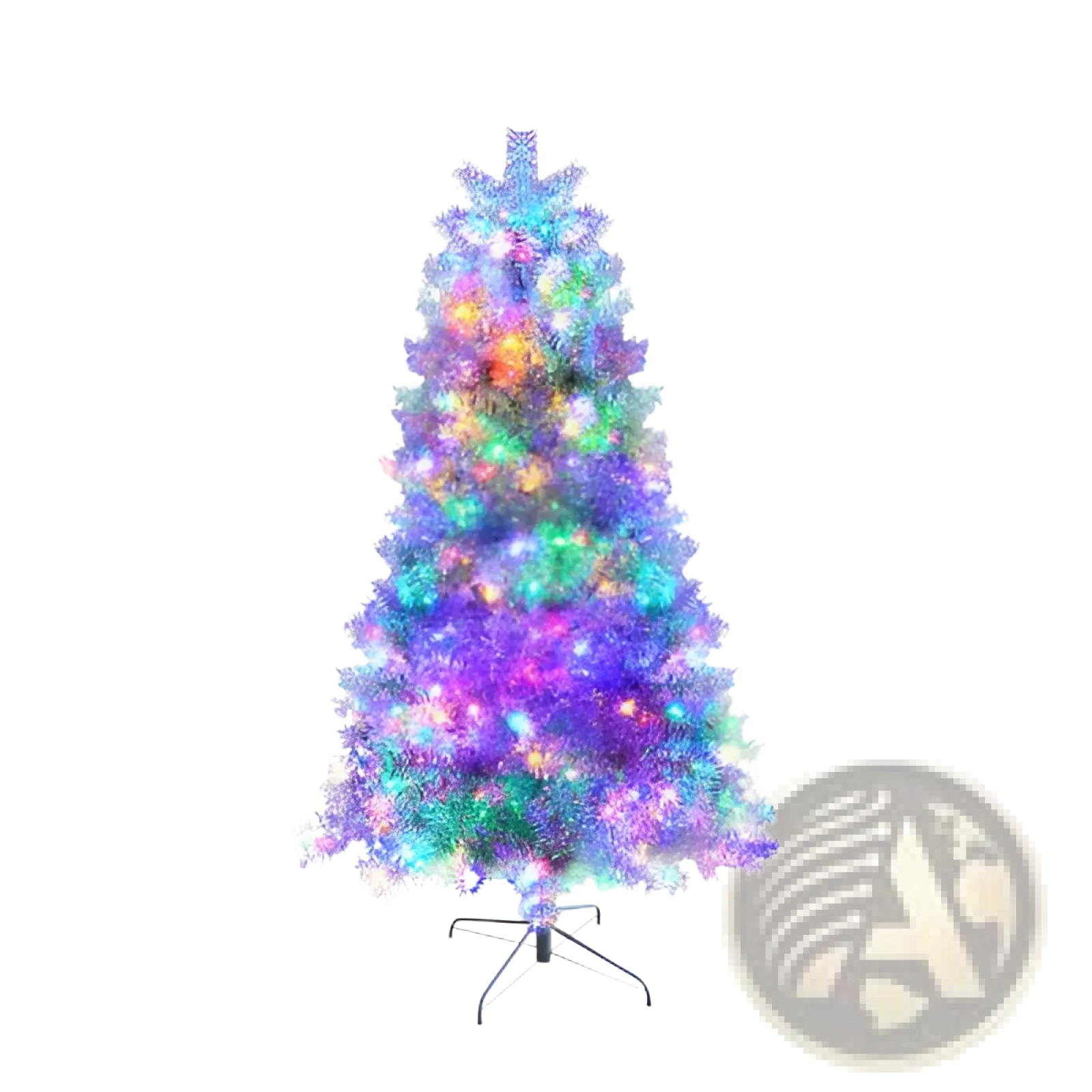 Silver pre-lit artificial Christmas tree with vibrant purple and blue LED branches illuminated by twinkling lights