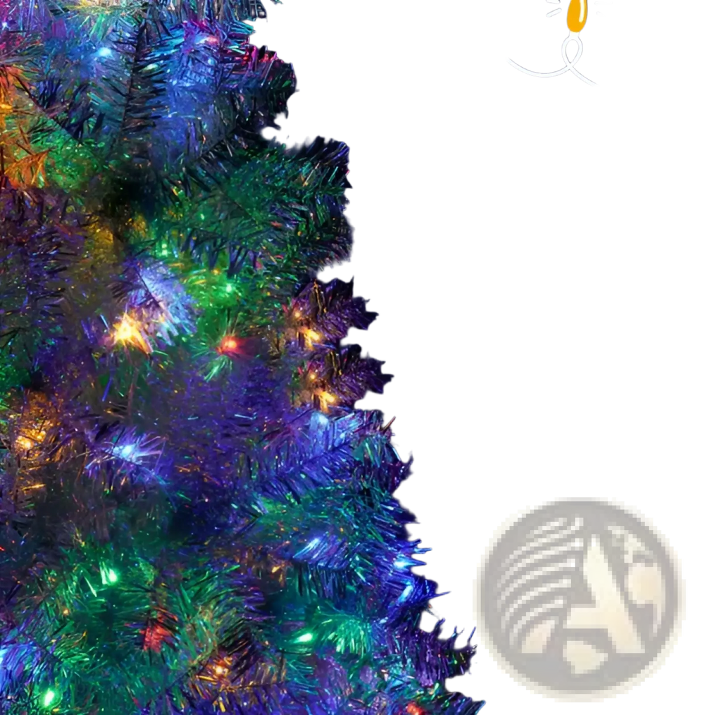 Silver pre-lit artificial Christmas tree with shimmering multicolored tinsel branches and glowing led lights