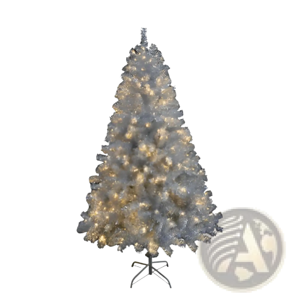 Silver pre-lit artificial Christmas tree made of durable materials with warm white LED lights for festive decoration