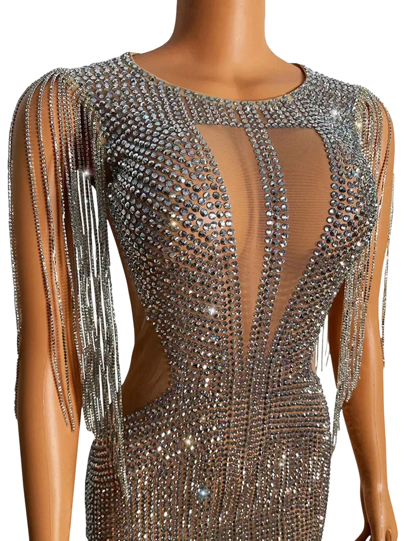 Silver rhinestone fringe party dress with sheer mesh panels and cascading fringe details in a bodycon silhouette