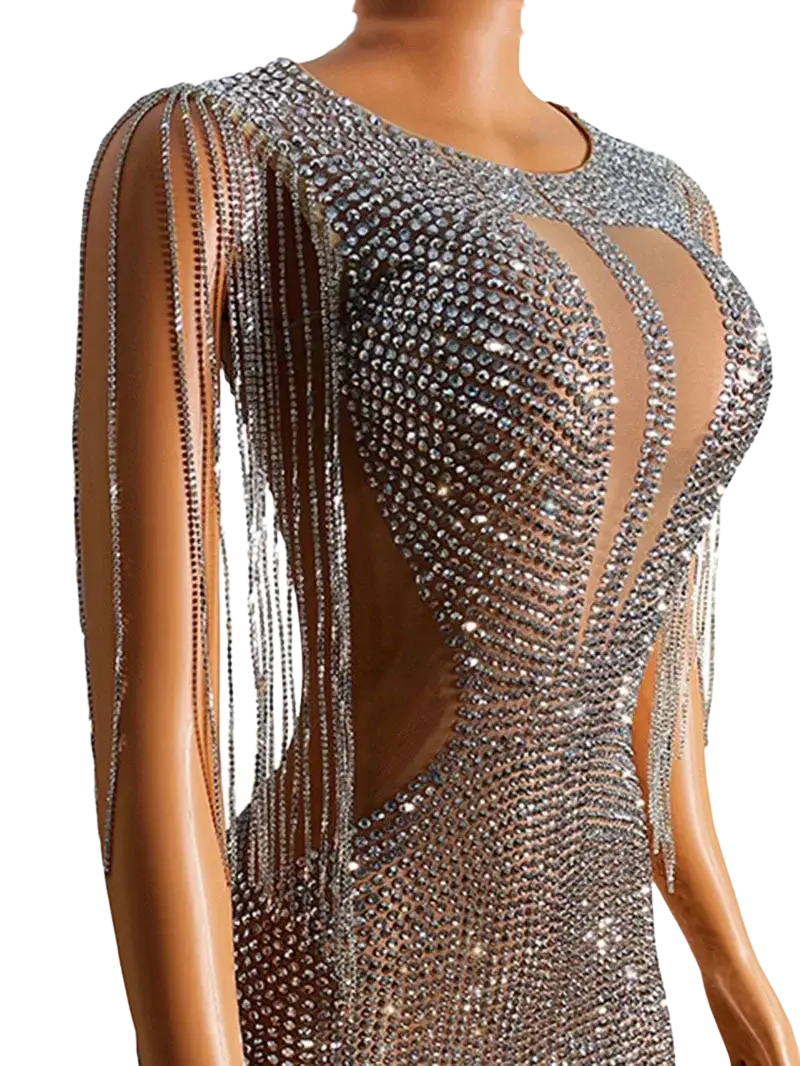 A silver rhinestone fringe party dress featuring a shimmering sequined gown with intricate beading and cascading fringe detailing