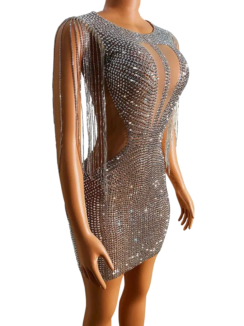 Silver rhinestone fringe party dress featuring a shimmering silver sequined mini design with sheer embellished bodice and cascading fringe sleeves