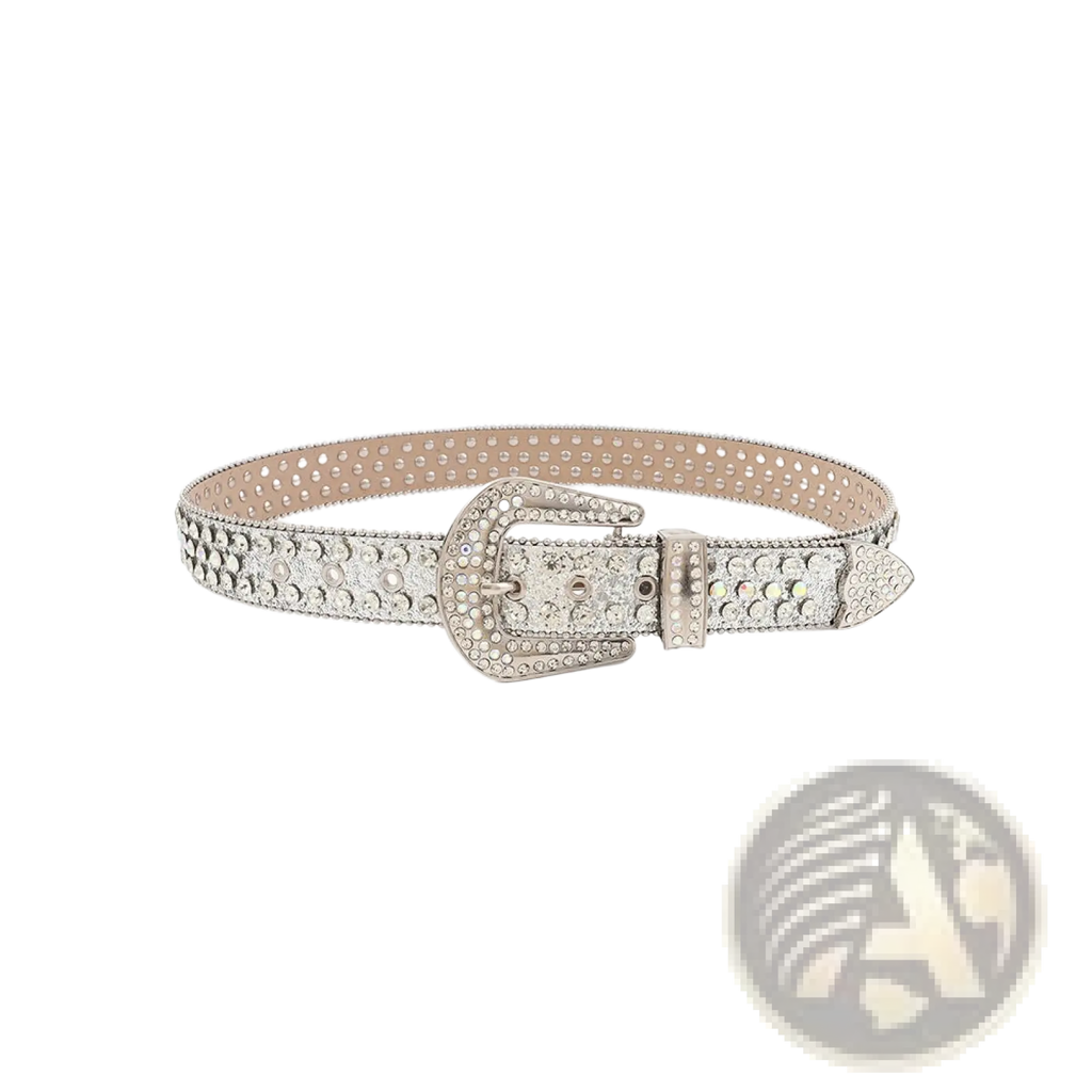 Silver rhinestone studded women belt made of pu leather with metallic buckle and decorative rhinestone detailing
