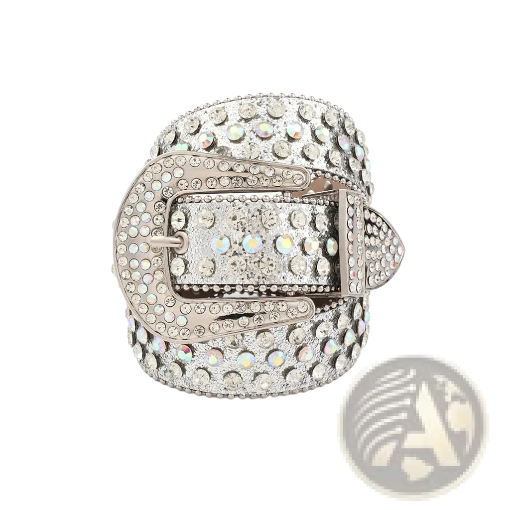 Silver rhinestone studded women belt with sparkling iridescent rhinestone embellishments on pu leather strap and buckle