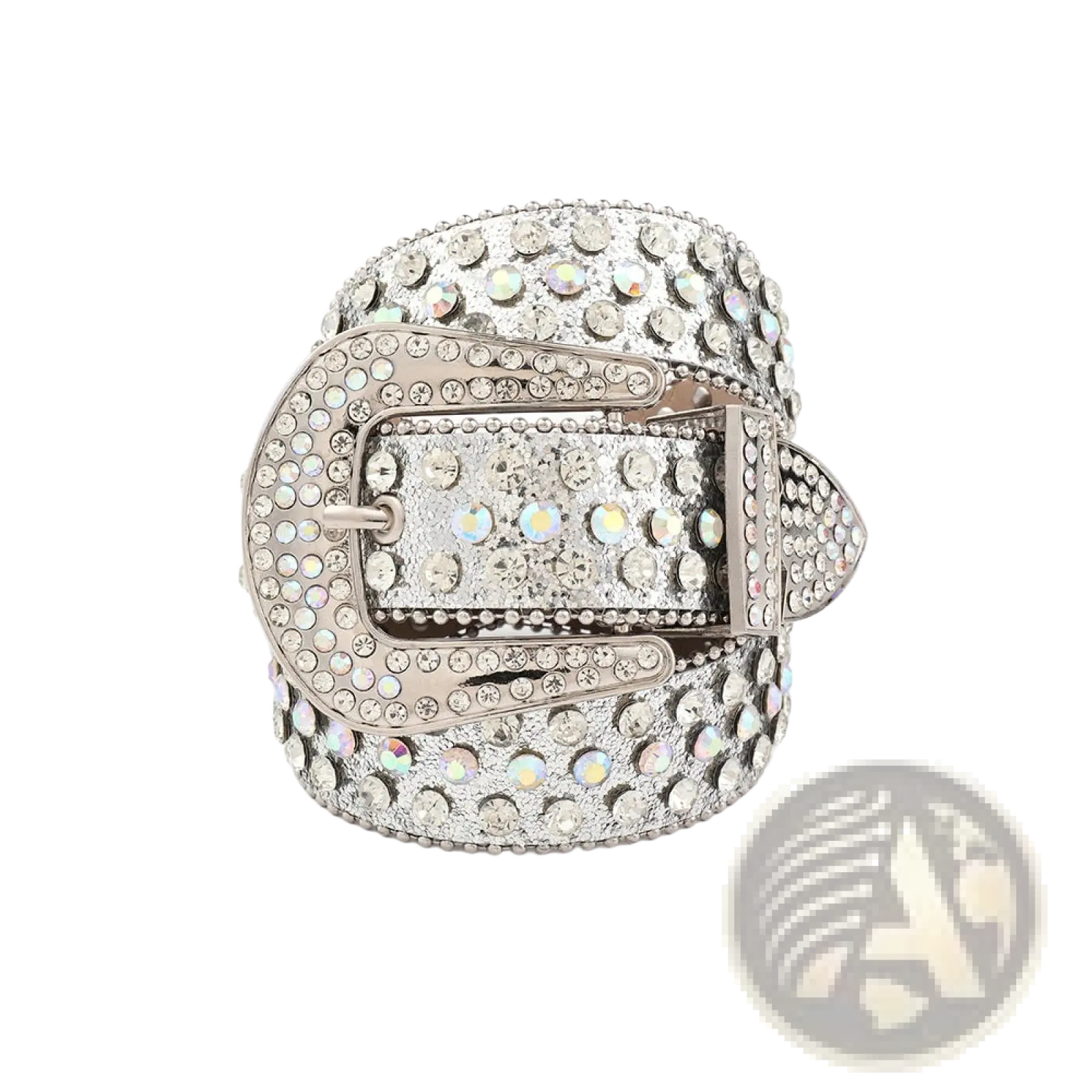 Silver rhinestone studded women belt with sparkling iridescent rhinestone embellishments on pu leather strap and buckle