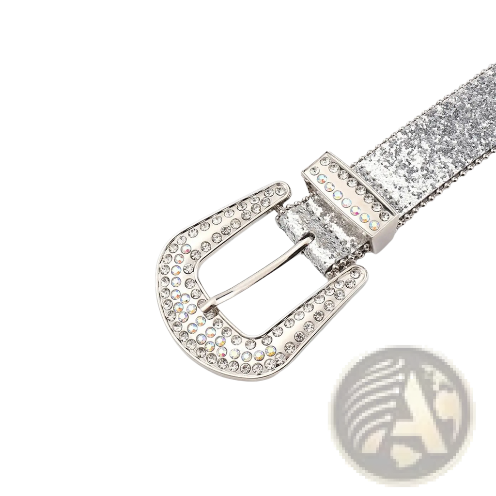 Silver rhinestone studded women belt made of pu leather with a silver glitter belt and rhinestone encrusted buckle