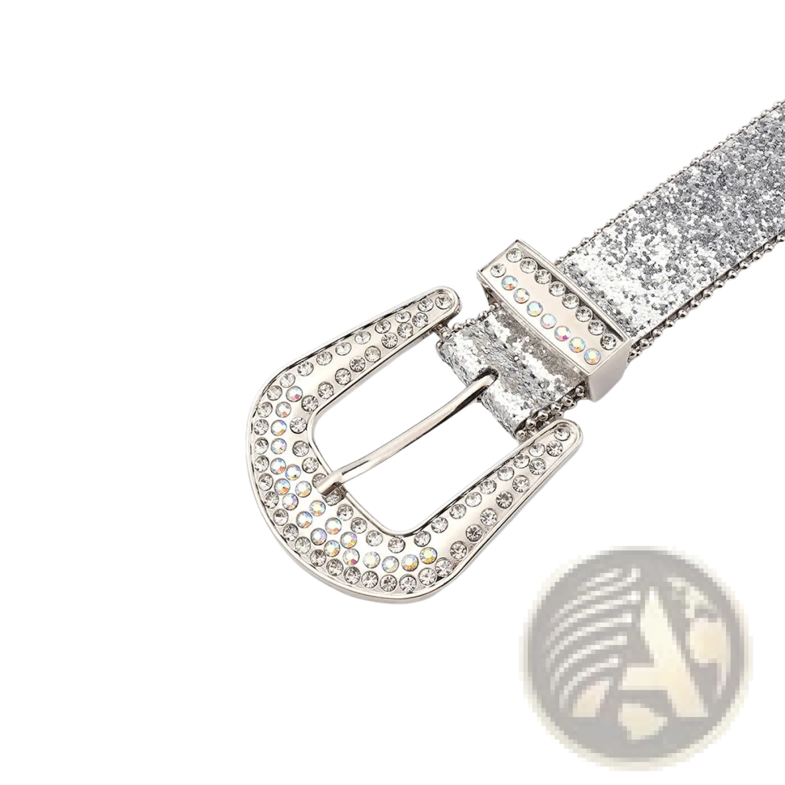Silver rhinestone studded women belt made of pu leather with a silver glitter belt and rhinestone encrusted buckle