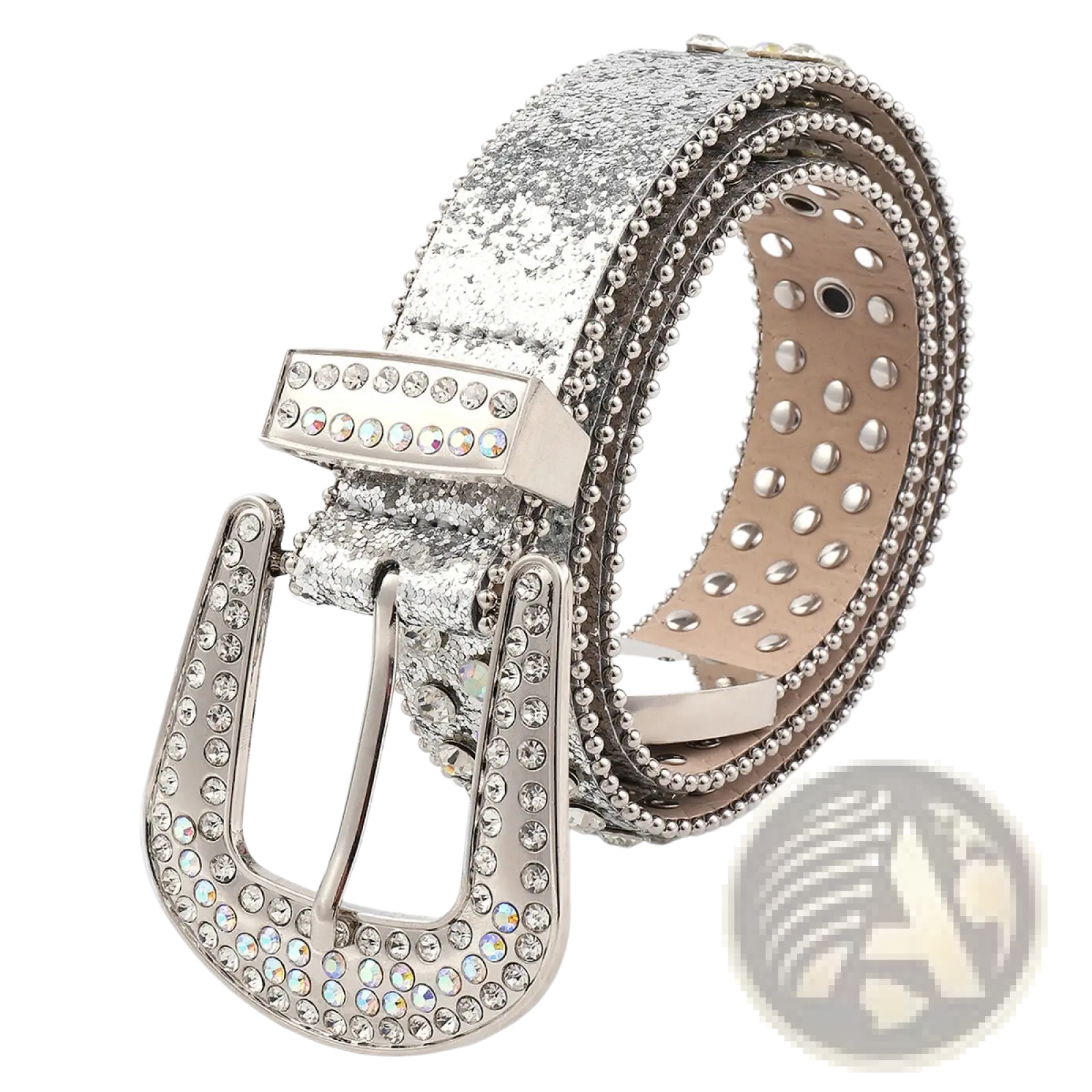 Silver rhinestone studded women belt made of pu leather with silver glitter rhinestones and metallic studs