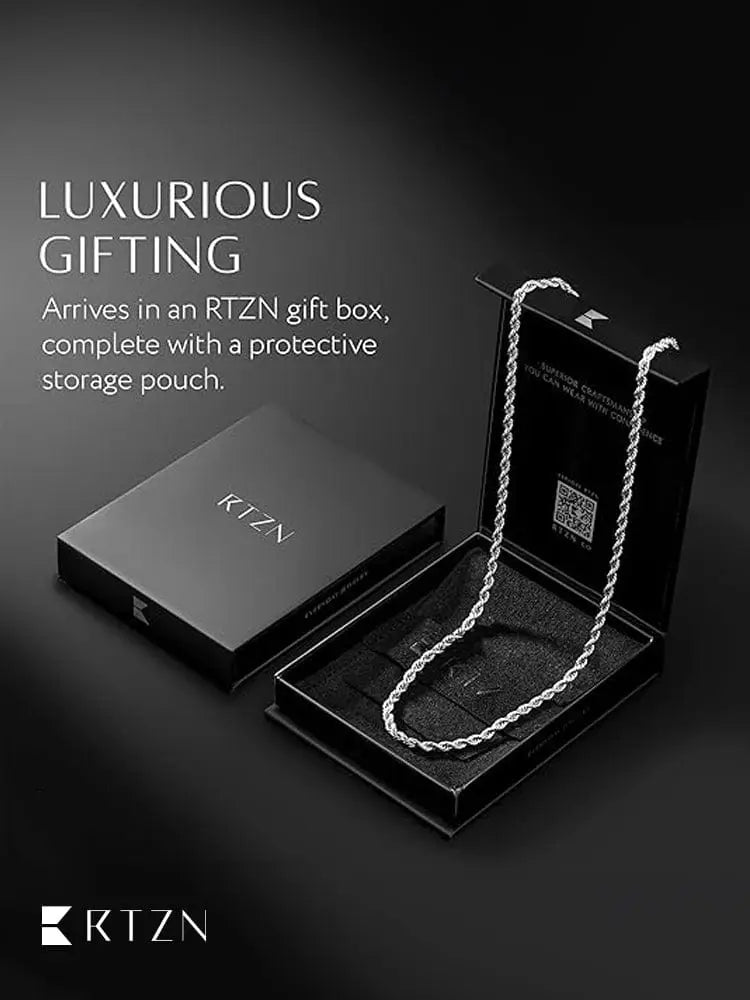 3mm diamond cut stainless steel silver rope chain necklace displayed in a black rtzn gift box