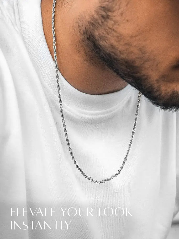 3mm diamond cut stainless steel silver rope chain necklace worn around the neck showcasing its shine and texture