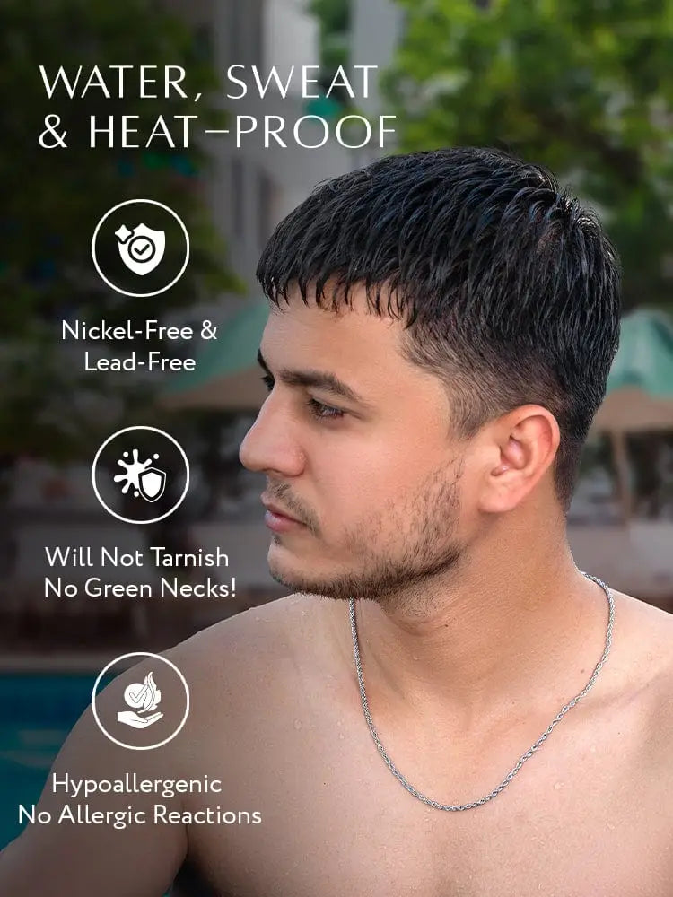 Silver-toned 3mm diamond cut stainless steel rope chain necklace worn by a man, showcasing sleek design