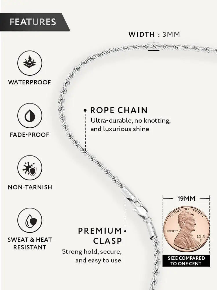 3mm diamond cut stainless steel silver rope chain necklace with premium clasp designed for durability and shine