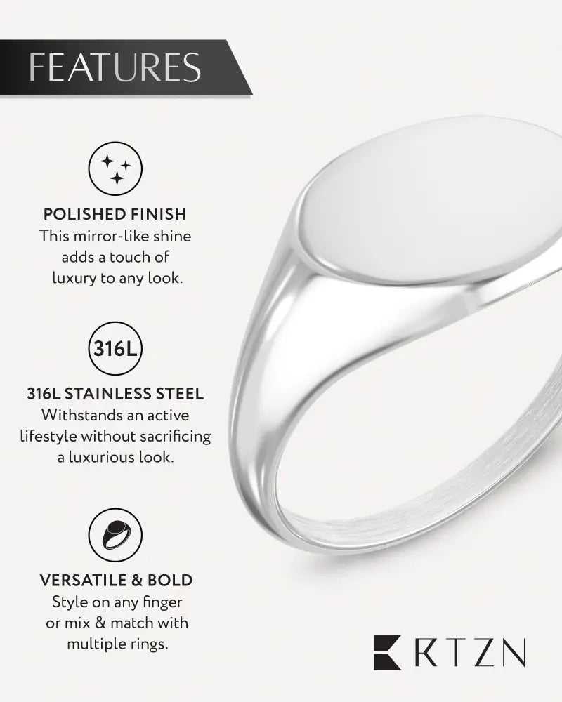 Polished silver oval signet ring in 316l stainless steel with a sleek smooth oval face and modern design