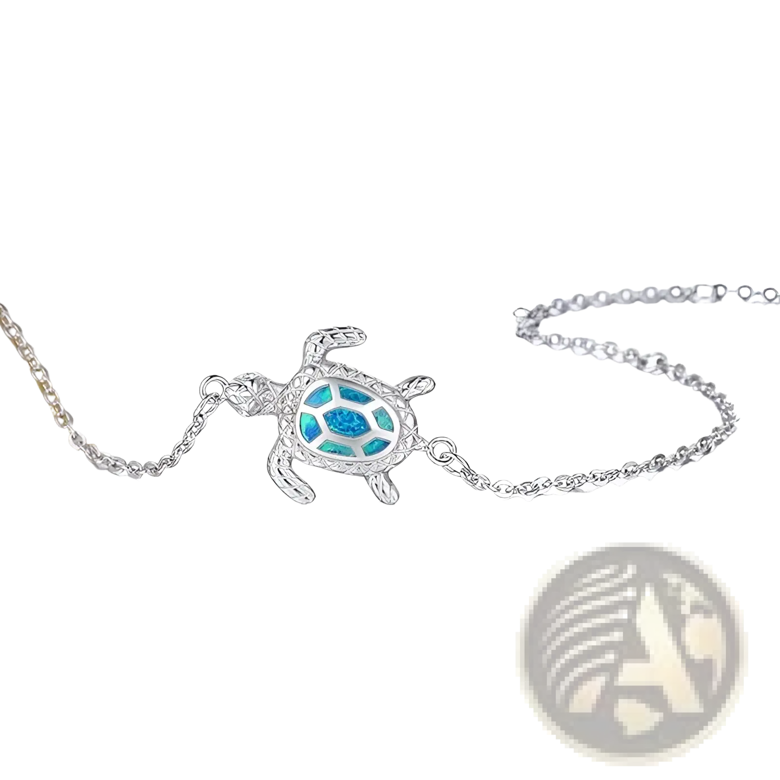 Silver sea turtle anklet with blue opal inlay and delicate silver chain for elegant beachwear accessory