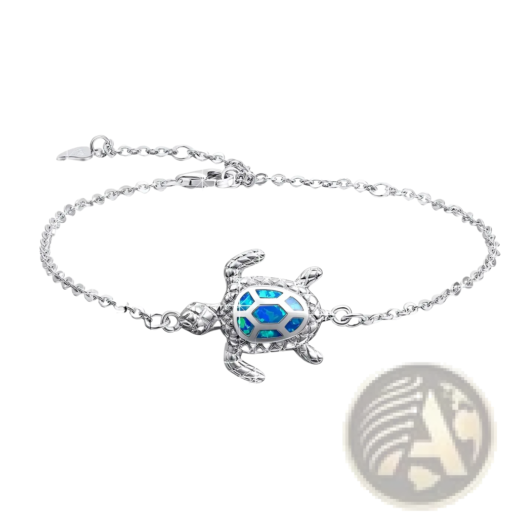 Silver sea turtle anklet with blue opal inlay and delicate silver chain for elegant beachwear accessory