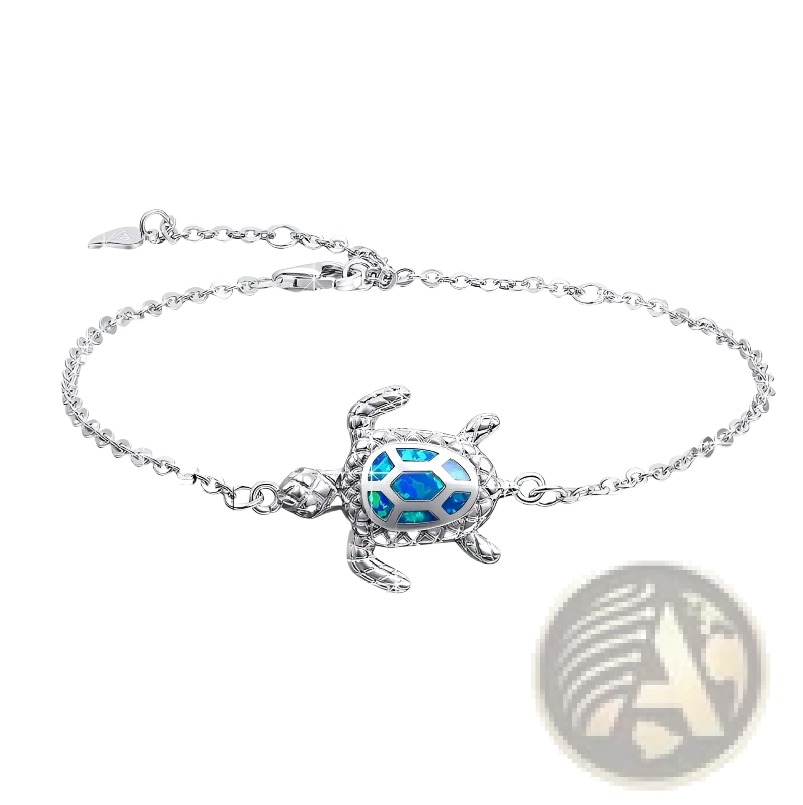 Silver sea turtle anklet with blue opal inlay and delicate silver chain for elegant beachwear accessory