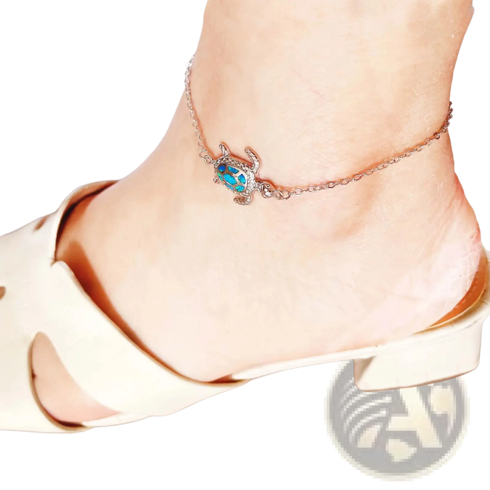 Silver sea turtle anklet with turquoise inlay and delicate silver chain for elegant beachwear accessory