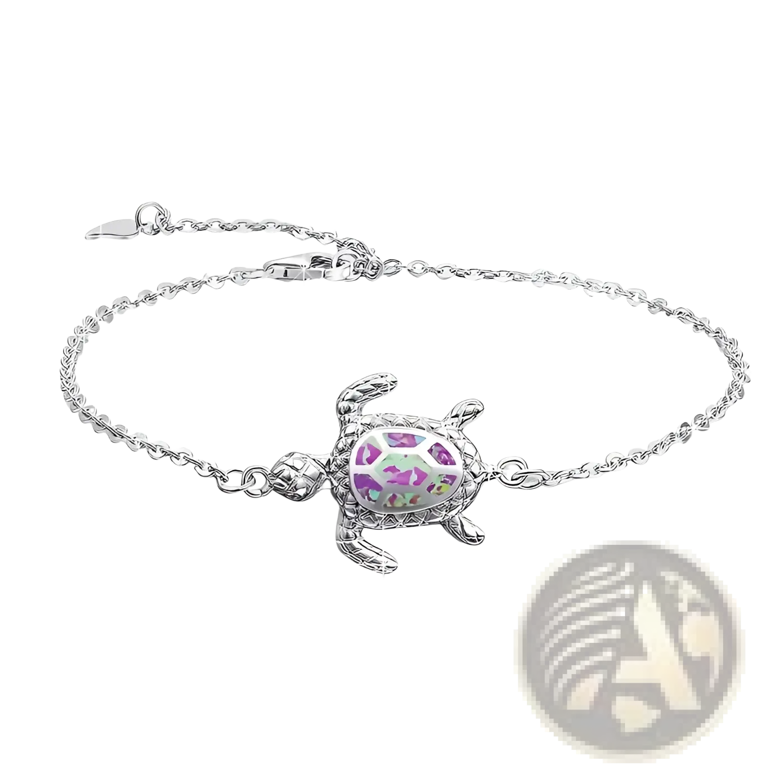 Silver sea turtle anklet with purple iridescent opal inlay on an adjustable silver chain bracelet