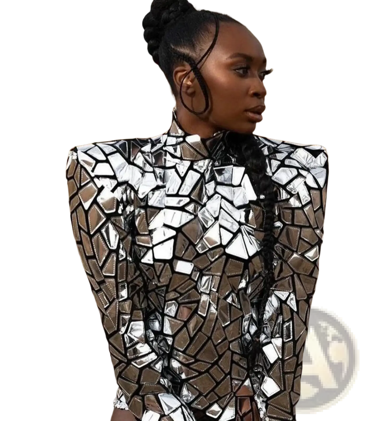 Silver sequin high slit stage performance dress featuring a striking silver and black mirrored mosaic jacket