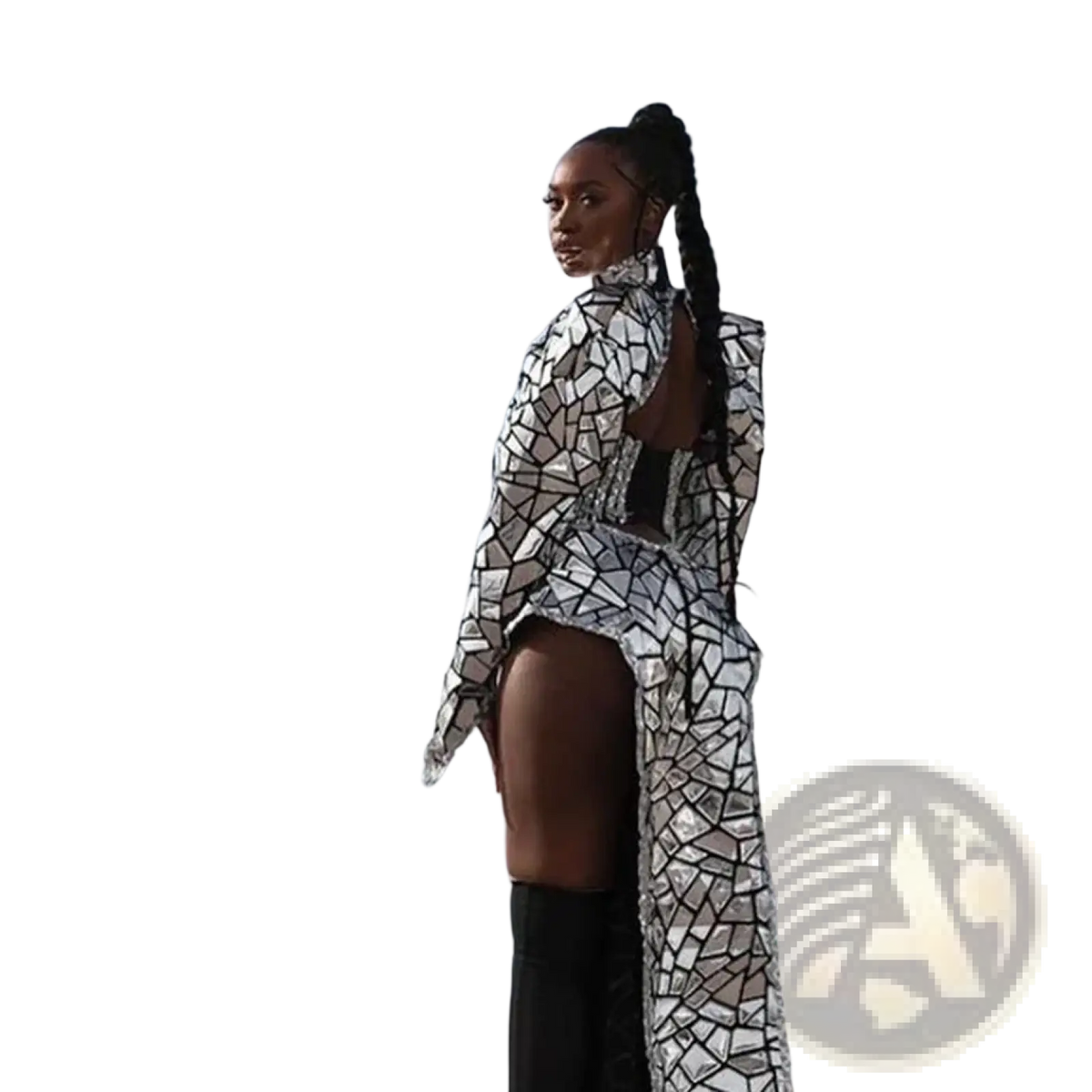 Silver sequin high slit stage performance dress with long sleeves and bold reflective silver and black mosaic geometric shards