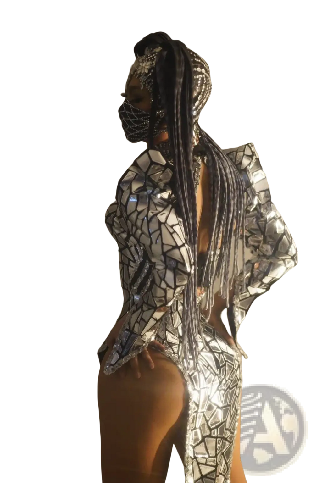 Silver sequin high slit stage performance dress featuring a shimmering silver mosaic bodysuit with reflective mirror panels