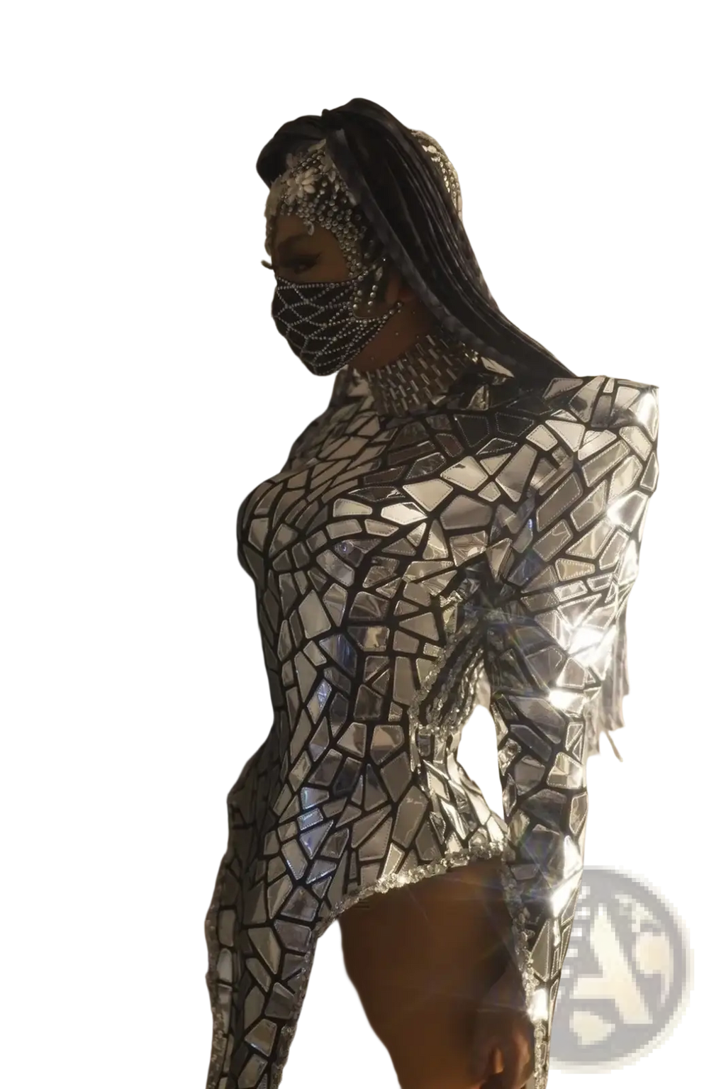 Silver sequin high slit stage performance dress featuring a shimmering silver mosaic bodysuit with reflective mirror pieces and high neckline