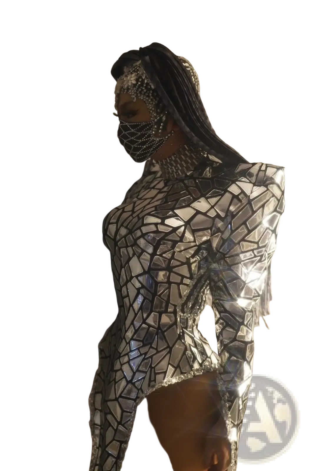 Silver sequin high slit stage performance dress featuring a shimmering silver mosaic bodysuit with reflective mirror pieces and high neckline